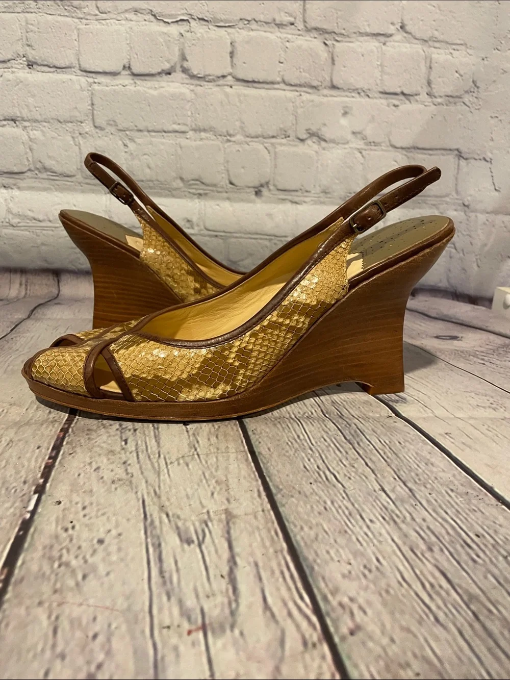 Cole Haan Brown Woven Peep-Toe Slingback Wedges • Sz 10